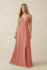 Mulberry Cami Strap A-Line Chiffon Bridesmaid Dress with Slit | KISSBRIDAL