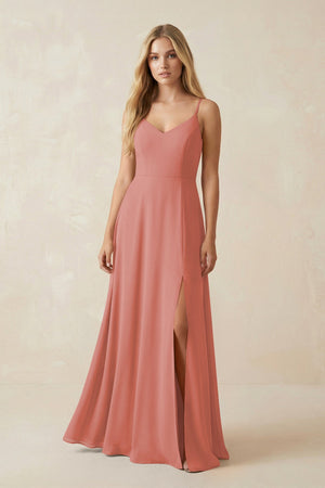 Mulberry Cami Strap A-Line Chiffon Bridesmaid Dress with Slit | KISSBRIDAL