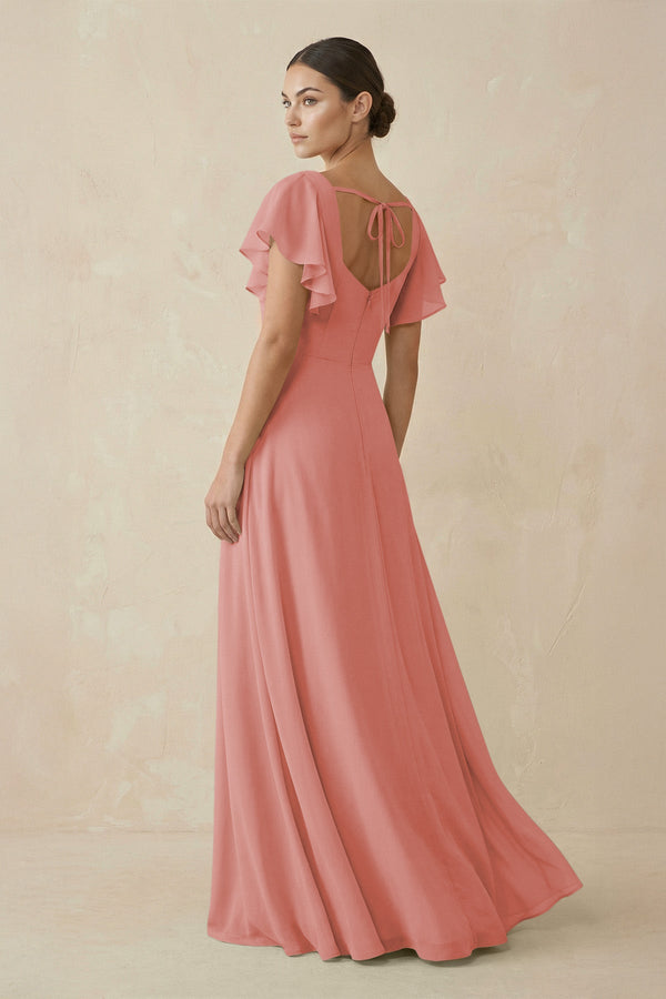 Mulberry Chiffon A-Line Long Bridesmaid Dress with Flutter Sleeves (2) | KISSBRIDAL