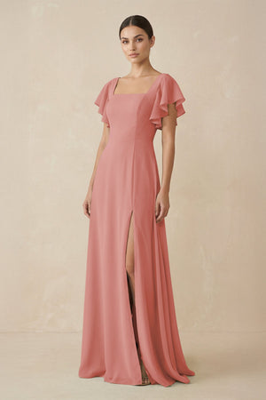 Mulberry Chiffon A-Line Long Bridesmaid Dress with Flutter Sleeves | KISSBRIDAL