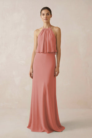 Mulberry Halter Sheath Ruffled Chiffon Bridesmaid Dress | KISSBRIDAL