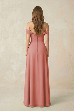 Mulberry Off-the-Shoulder A-Line Chiffon Pleated Bridesmaid Dress (2) | KISSBRIDAL