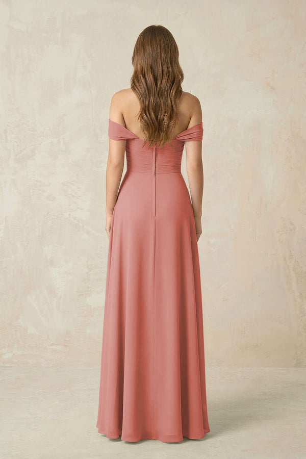 Mulberry Off-the-Shoulder A-Line Chiffon Pleated Bridesmaid Dress (2) | KISSBRIDAL