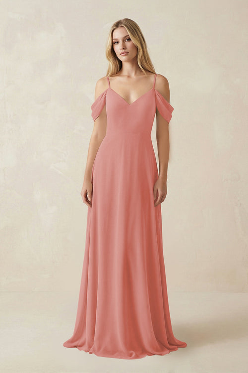 Mulberry Off-the-Shoulder Chiffon A-Line Maxi Bridesmaid Dress | KISSBRIDAL