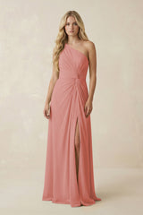 Mulberry One-Shoulder Ruched A-Line Chiffon Bridesmaid Dress | KISSBRIDAL