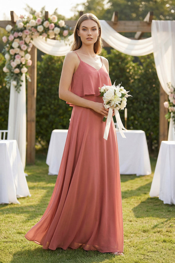 Mulberry Ruffled Spaghetti Strap A-Line Chiffon Bridesmaid Dress in Mulberry (4) | KISSBRIDAL