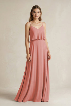 Mulberry Ruffled Spaghetti Strap A-Line Chiffon Bridesmaid Dress in Mulberry | KISSBRIDAL