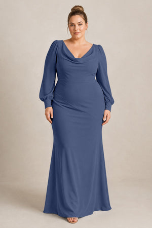 Navy Long Sleeve V-Neck Sheath Chiffon Bridesmaid Dress [sizeplus] | KISSBRIDAL