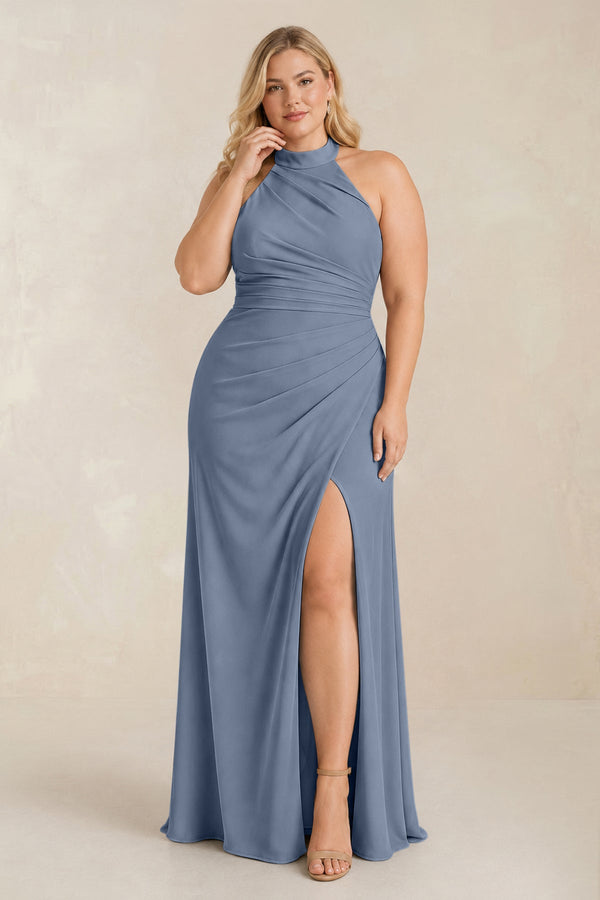 Neptune High Neck Chiffon Sheath Ruched Bridesmaid Dress [sizeplus] | KISSBRIDAL