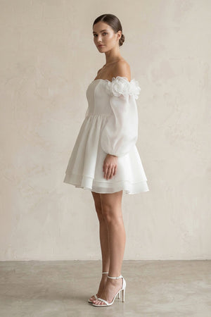 Off - the - Shoulder 3D - Flower Chiffon Long Sleeve Wedding Dress in Ivory - KISS BRIDAL Wedding Dresses