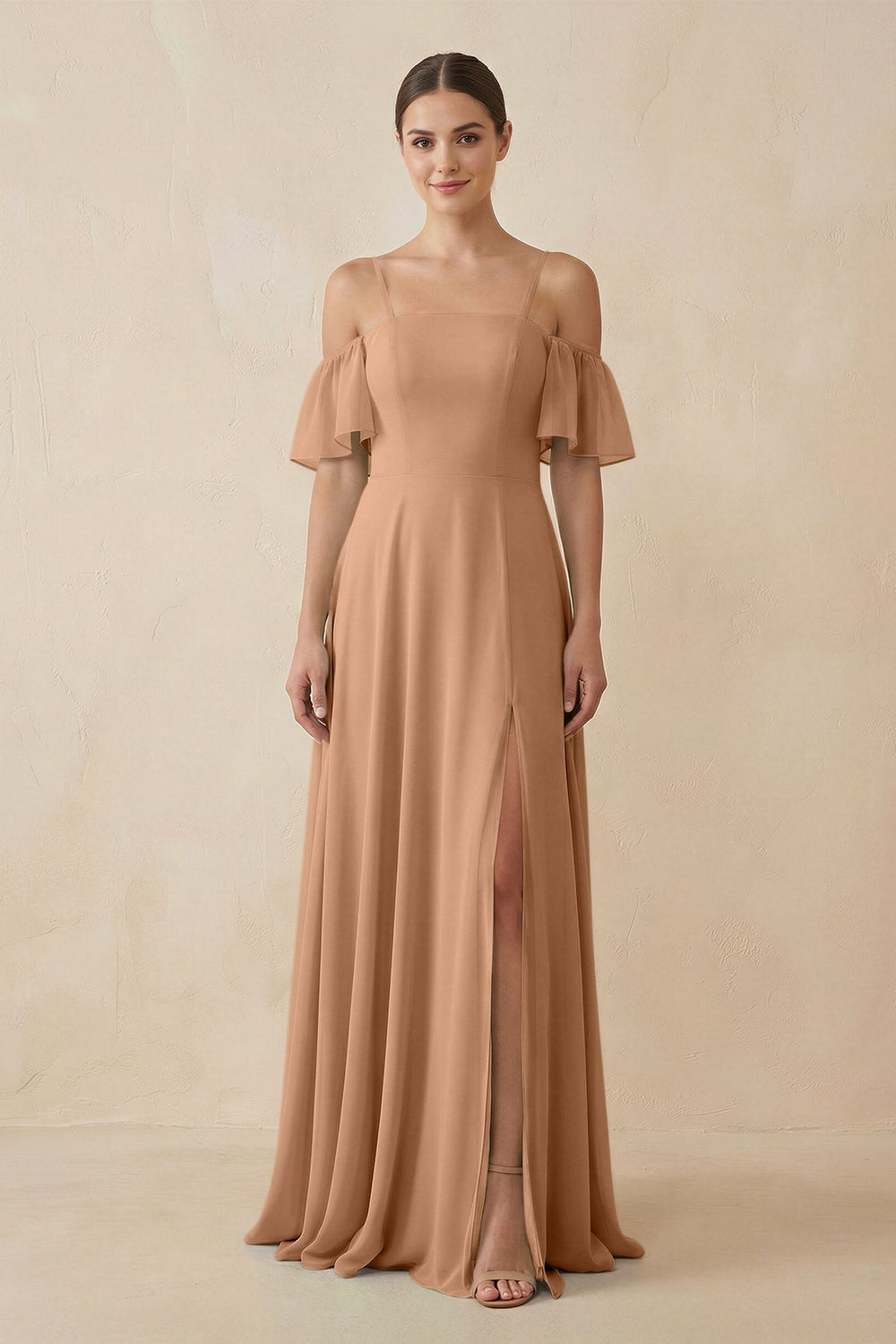 Off-the-Shoulder A-Line Chiffon Bridesmaid Dress in Bronzer