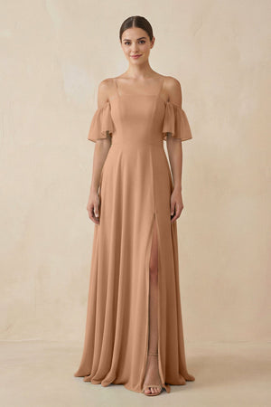 Off - the - Shoulder A - Line Chiffon Bridesmaid Dress in Bronzer - KISS BRIDAL Bridesmaid Dresses