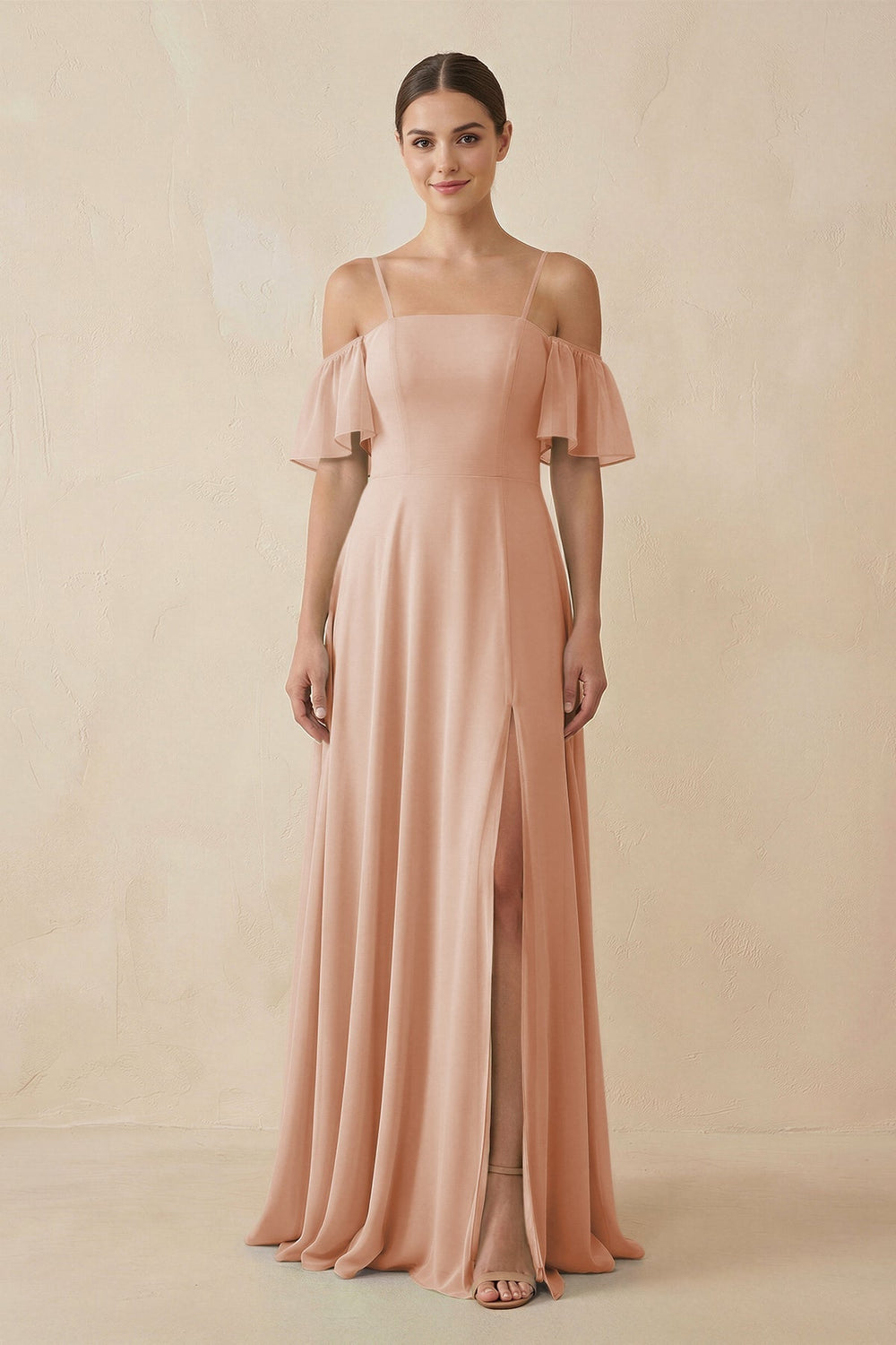 Off-the-Shoulder A-Line Chiffon Bridesmaid Dress in Champagne Rose