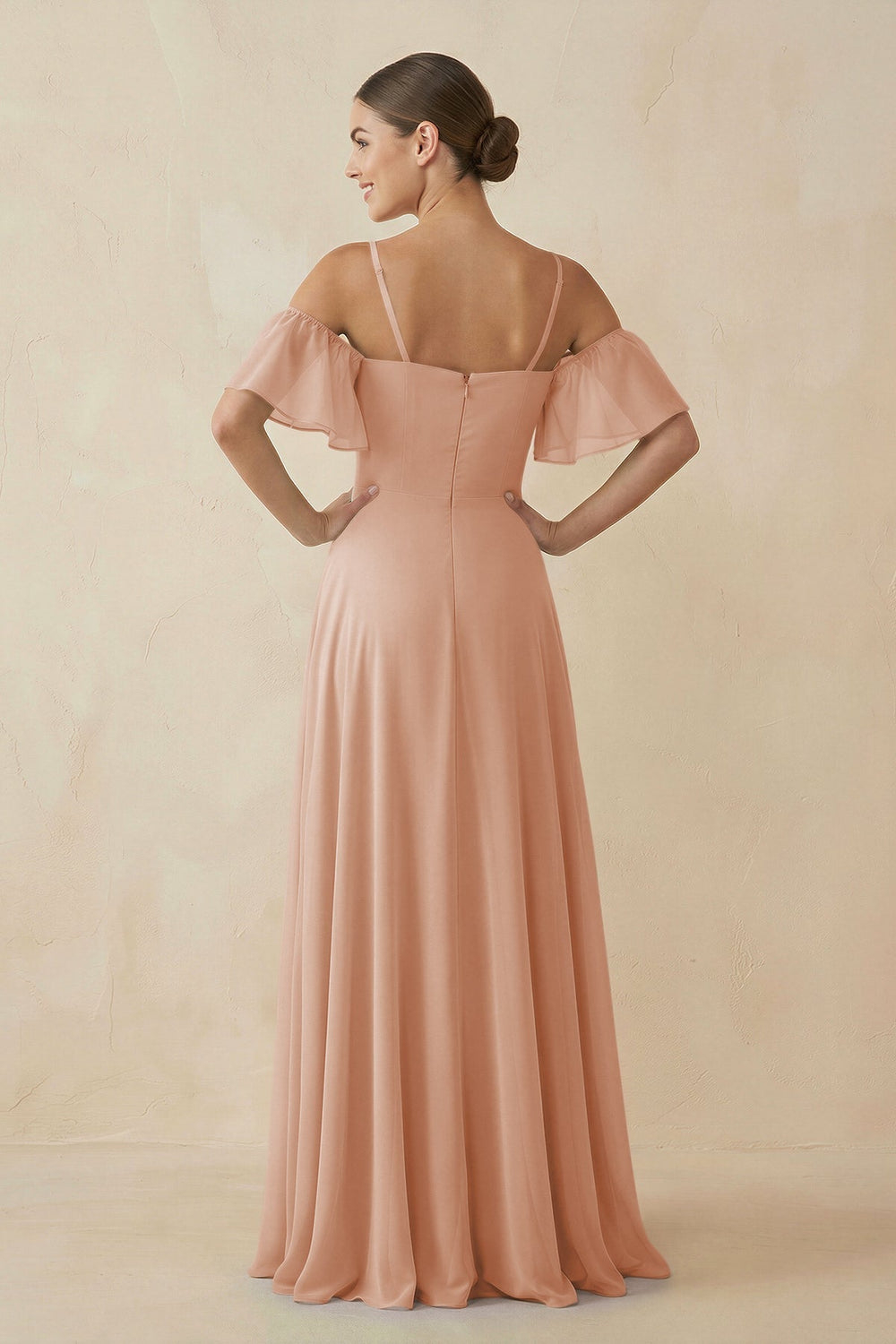 Off-the-Shoulder A-Line Chiffon Bridesmaid Dress in Champagne Rose