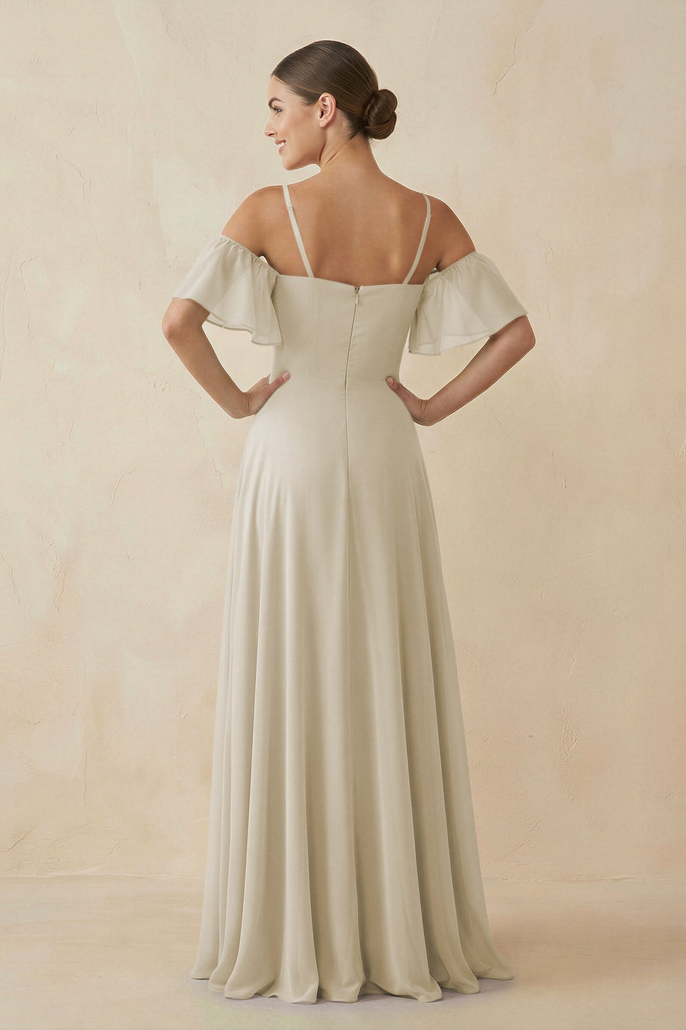 Off-the-Shoulder A-Line Chiffon Bridesmaid Dress in Dove Gray