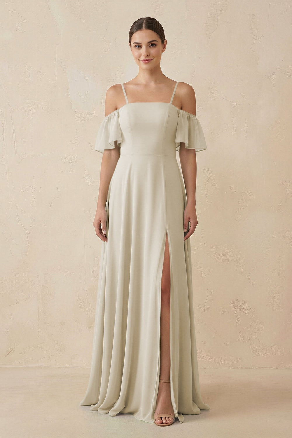 Off-the-Shoulder A-Line Chiffon Bridesmaid Dress in Dove Gray