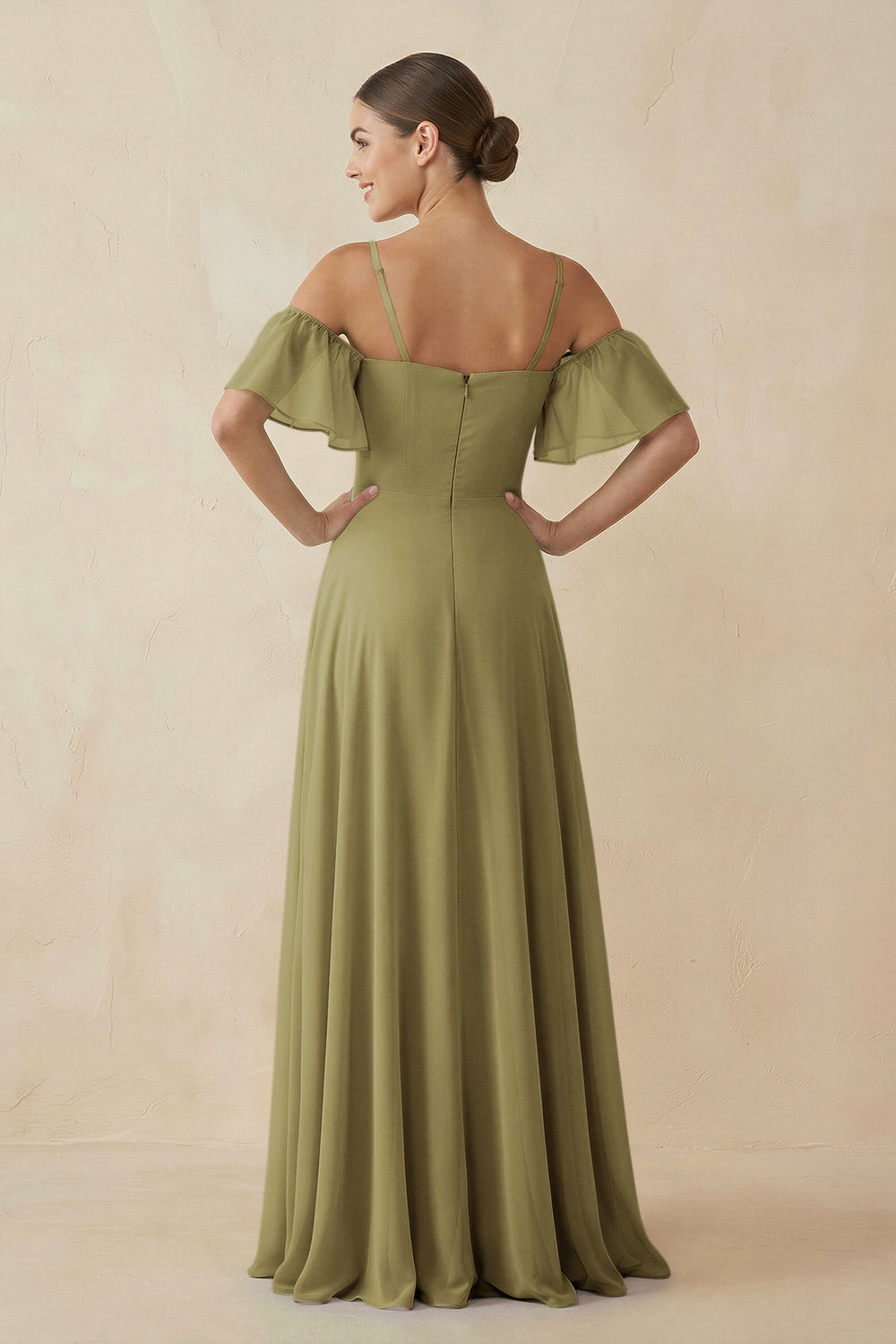 Off-the-Shoulder A-Line Chiffon Bridesmaid Dress in Moss Green