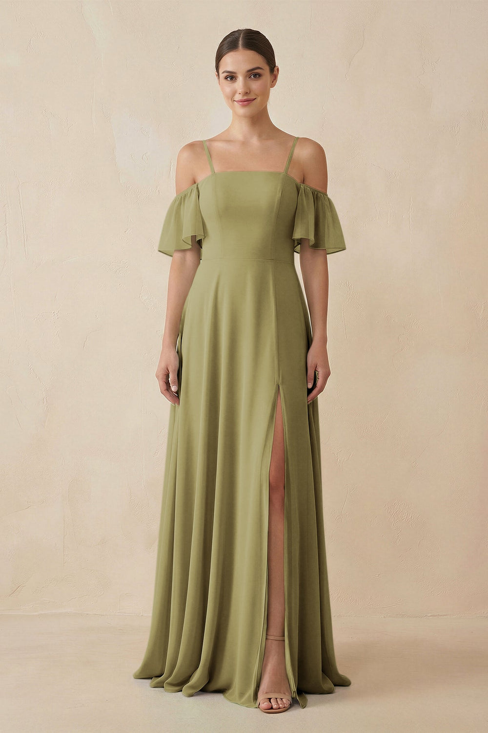 Off-the-Shoulder A-Line Chiffon Bridesmaid Dress in Moss Green
