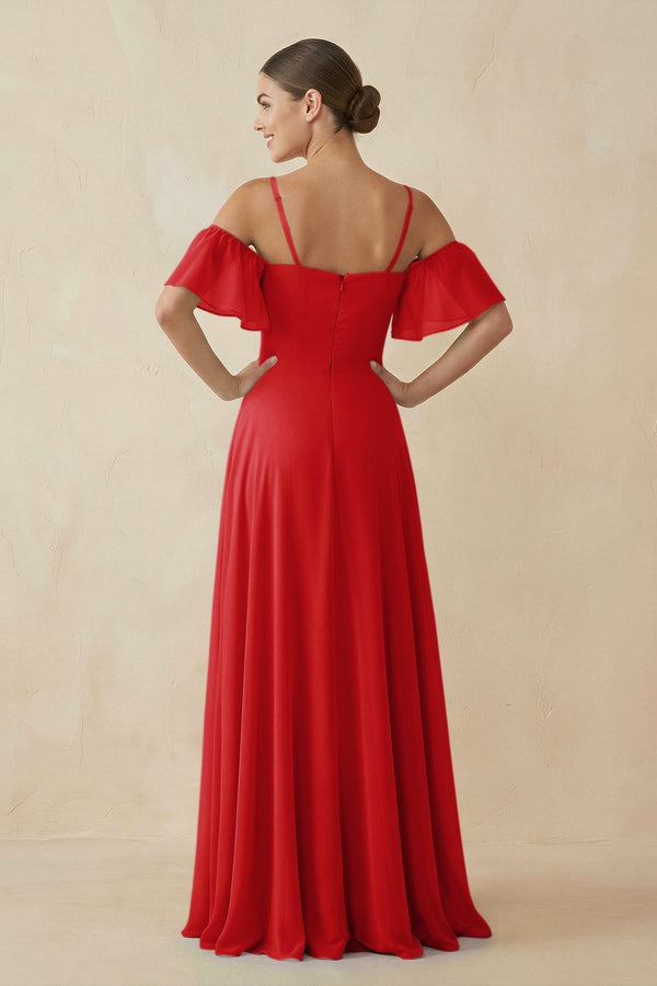 Off - the - Shoulder A - Line Chiffon Bridesmaid Dress in Ruby Red - KISS BRIDAL Bridesmaid Dresses