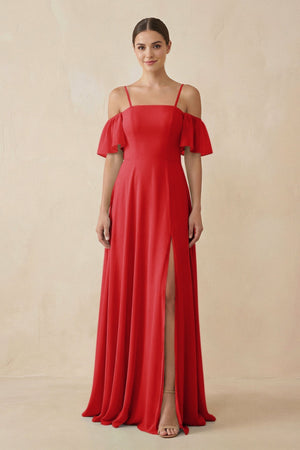 Off - the - Shoulder A - Line Chiffon Bridesmaid Dress in Ruby Red - KISS BRIDAL Bridesmaid Dresses