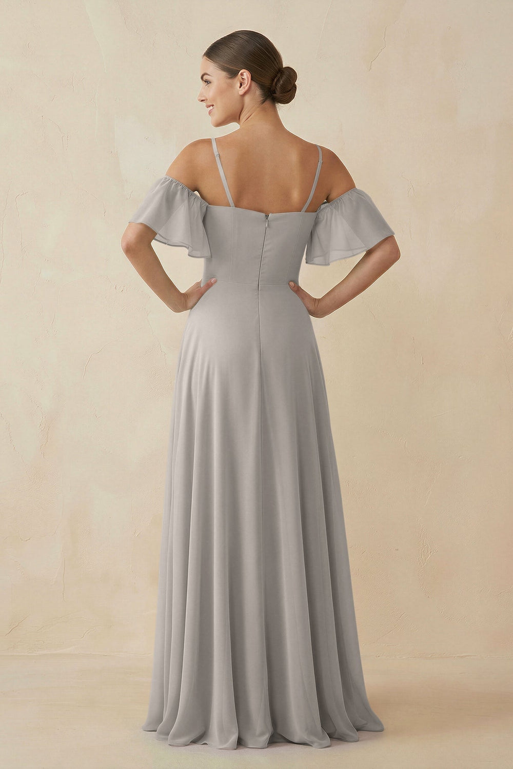 Off-the-Shoulder A-Line Chiffon Bridesmaid Dress in Silver
