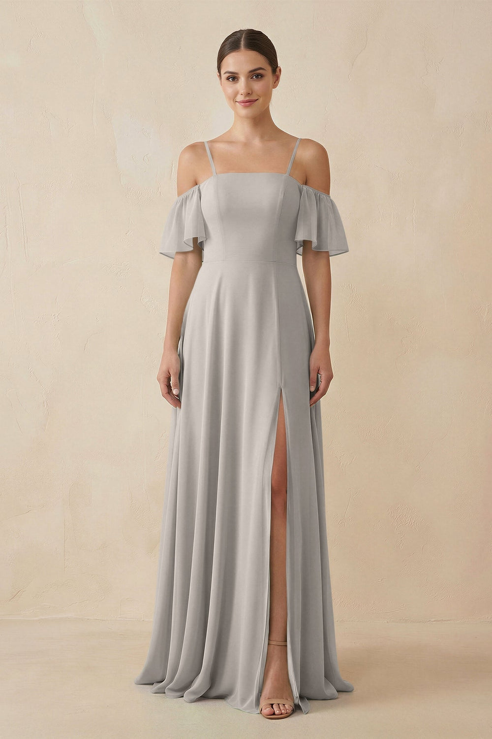 Off-the-Shoulder A-Line Chiffon Bridesmaid Dress in Silver