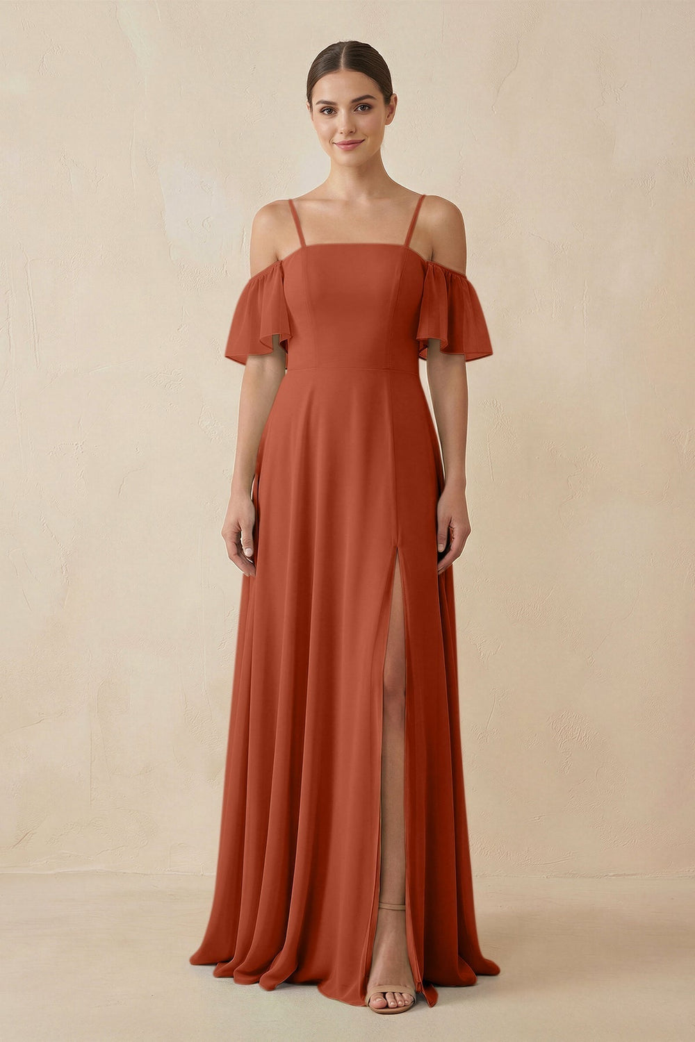 Off-the-Shoulder A-Line Chiffon Bridesmaid Dress in Spice
