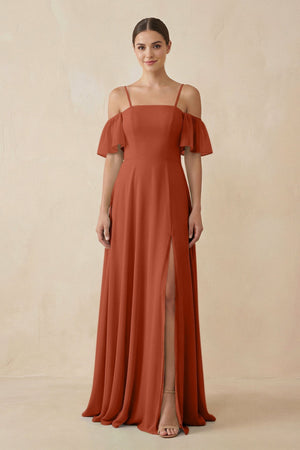 Off - the - Shoulder A - Line Chiffon Bridesmaid Dress in Spice - KISS BRIDAL Bridesmaid Dresses