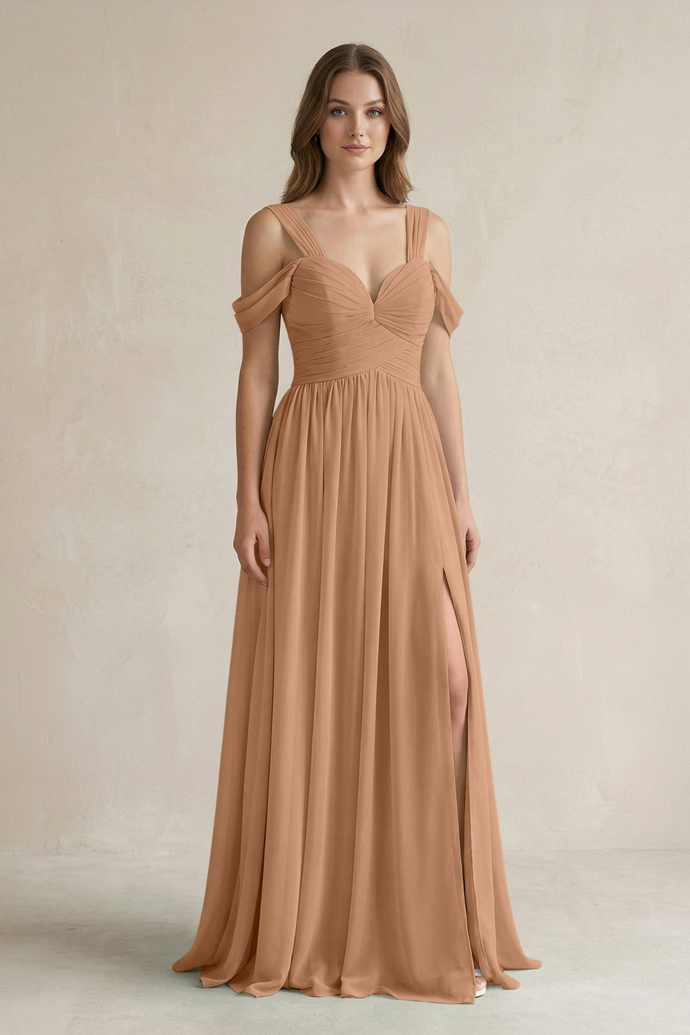 Off-the-Shoulder A-Line Chiffon Bridesmaid Dress With Slit in Bronzer