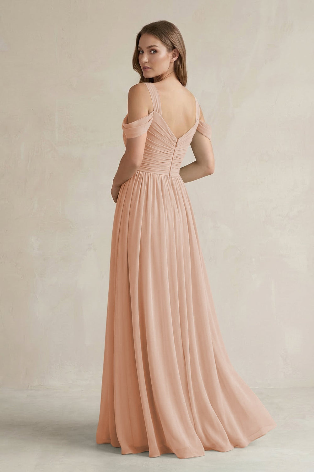 Off-the-Shoulder A-Line Chiffon Bridesmaid Dress With Slit in Champagne Rose