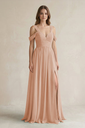 Off - the - Shoulder A - Line Chiffon Bridesmaid Dress With Slit in Champagne Rose - KISS BRIDAL Bridesmaid Dresses