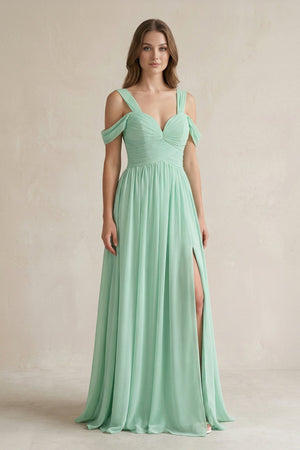 Off-the-Shoulder A-Line Chiffon Bridesmaid Dress With Slit in Pale Pistachio - KISS BRIDAL BRIDESMAID DRESSES
