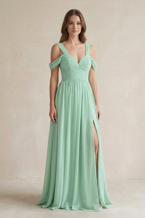 Off-the-Shoulder A-Line Chiffon Bridesmaid Dress With Slit in Pale Pistachio - KISS BRIDAL BRIDESMAID DRESSES