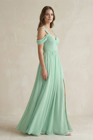 Off-the-Shoulder A-Line Chiffon Bridesmaid Dress With Slit in Pale Pistachio - KISS BRIDAL BRIDESMAID DRESSES