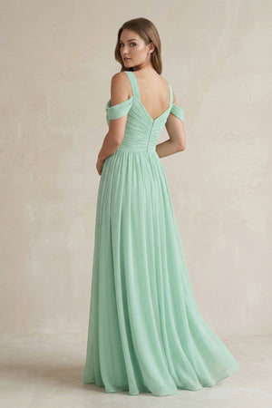 Off-the-Shoulder A-Line Chiffon Bridesmaid Dress With Slit in Pale Pistachio - KISS BRIDAL BRIDESMAID DRESSES