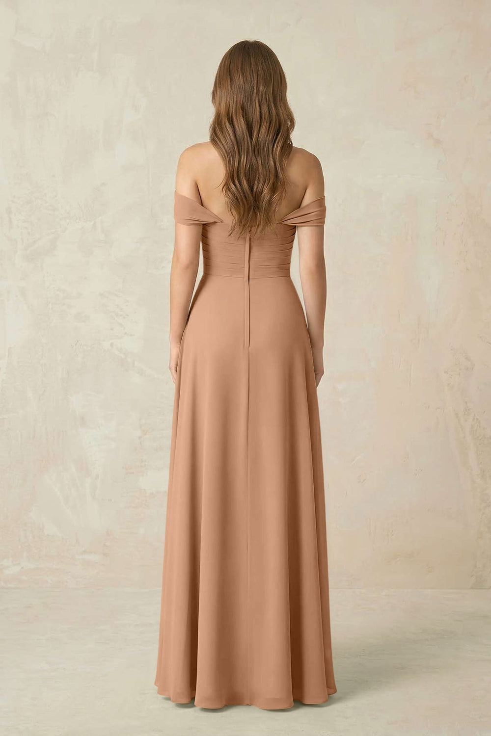 Off-the-Shoulder A-Line Chiffon Pleated Bridesmaid Dress in Bronzer