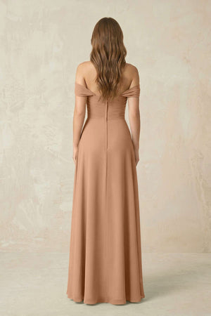 Off - the - Shoulder A - Line Chiffon Pleated Bridesmaid Dress in Bronzer - KISS BRIDAL Bridesmaid Dresses
