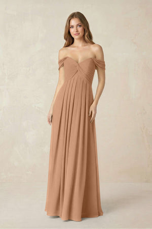 Off - the - Shoulder A - Line Chiffon Pleated Bridesmaid Dress in Bronzer - KISS BRIDAL Bridesmaid Dresses