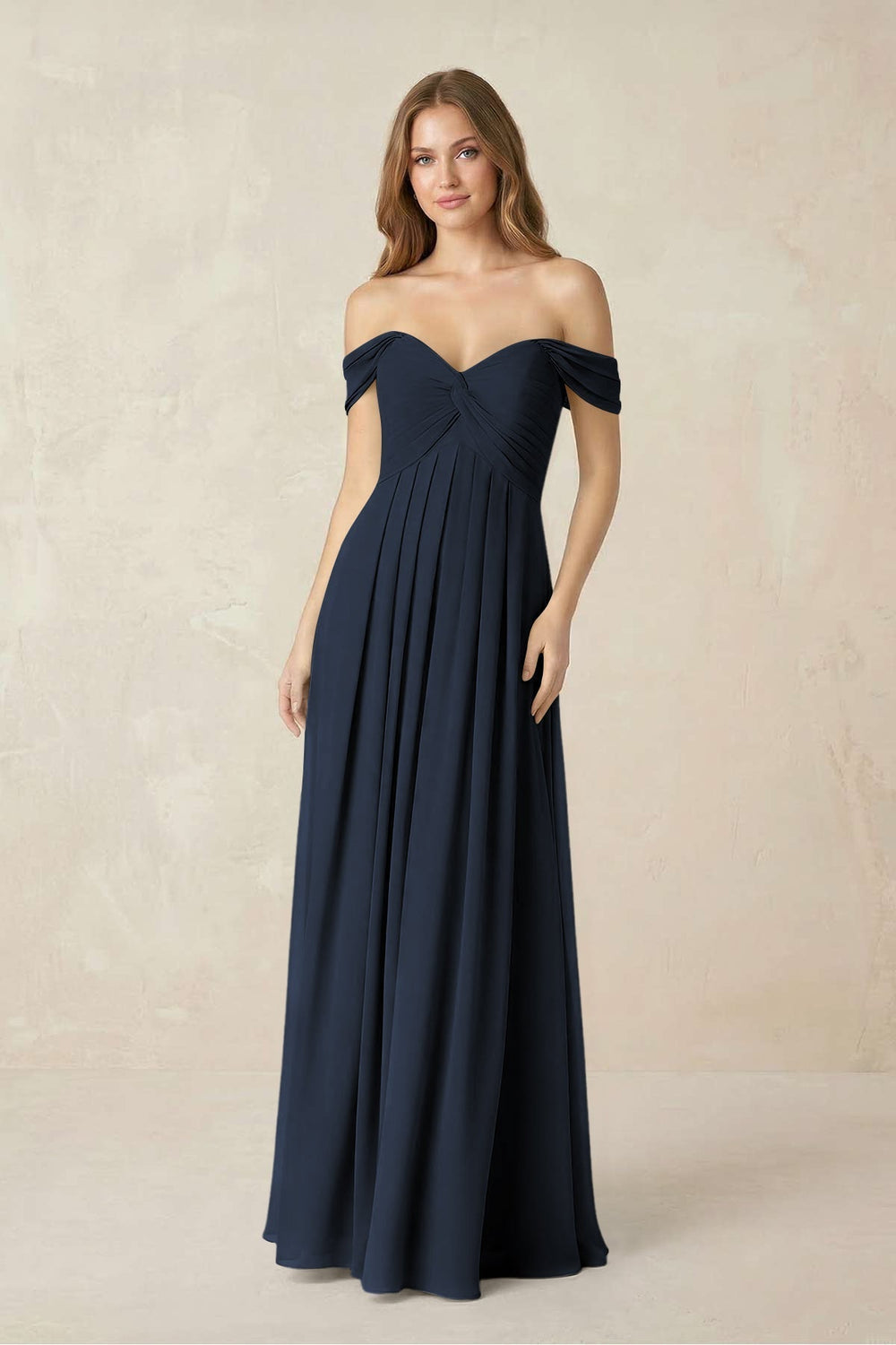 Off-the-Shoulder A-Line Chiffon Pleated Bridesmaid Dress in Dark Navy