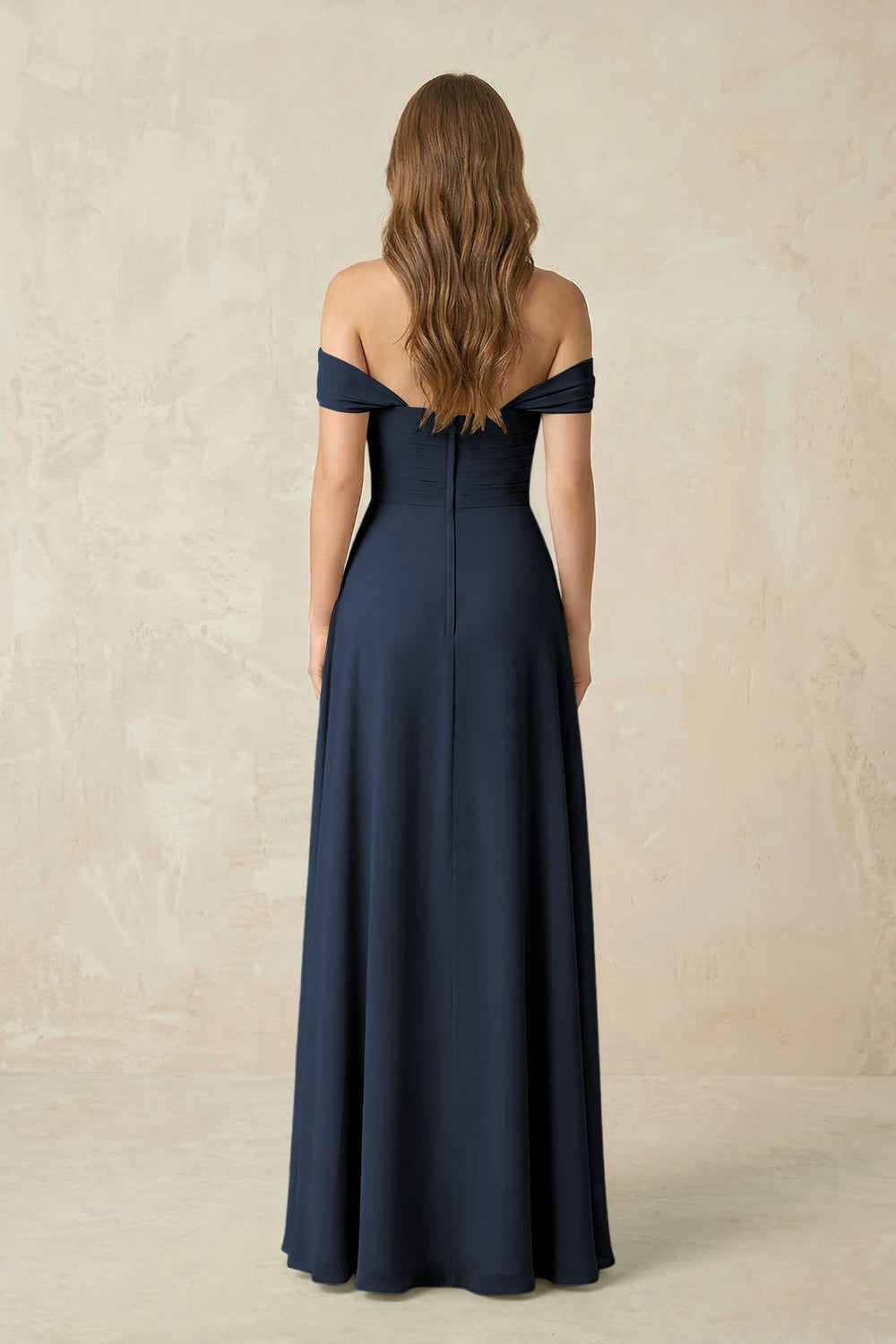 Off-the-Shoulder A-Line Chiffon Pleated Bridesmaid Dress in Dark Navy