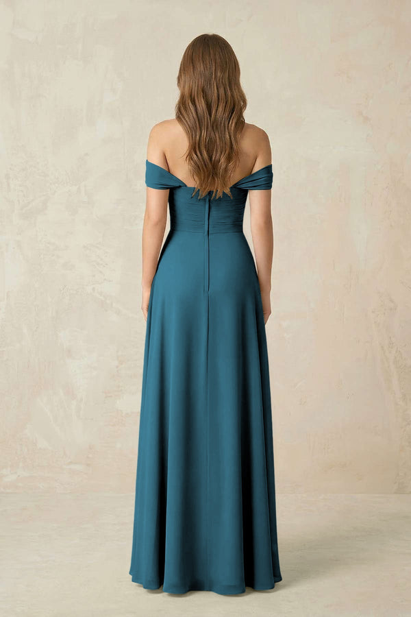 Off - the - Shoulder A - Line Chiffon Pleated Bridesmaid Dress in Dark Teal - KISS BRIDAL Bridesmaid Dresses