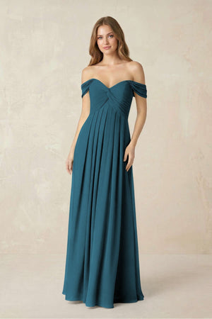 Off - the - Shoulder A - Line Chiffon Pleated Bridesmaid Dress in Dark Teal - KISS BRIDAL Bridesmaid Dresses