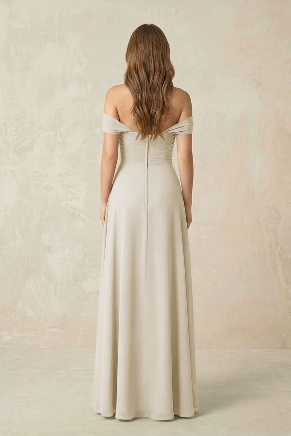 Off - the - Shoulder A - Line Chiffon Pleated Bridesmaid Dress in Dove Gray - KISS BRIDAL Bridesmaid Dresses