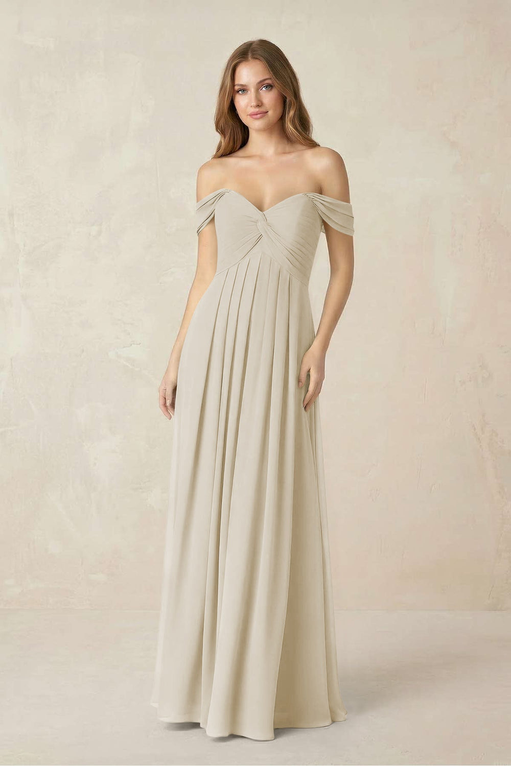 Off-the-Shoulder A-Line Chiffon Pleated Bridesmaid Dress in Dove Gray