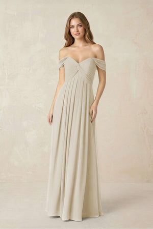 Off - the - Shoulder A - Line Chiffon Pleated Bridesmaid Dress in Dove Gray - KISS BRIDAL Bridesmaid Dresses