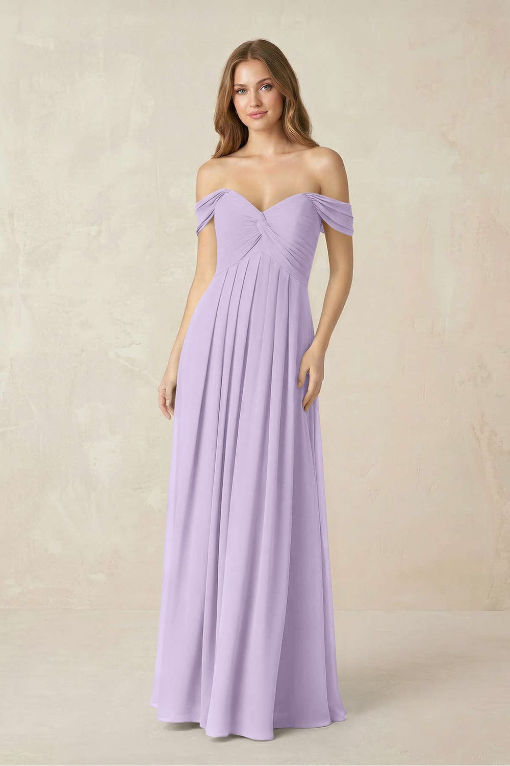 Off-the-Shoulder A-Line Chiffon Pleated Bridesmaid Dress in Lavender