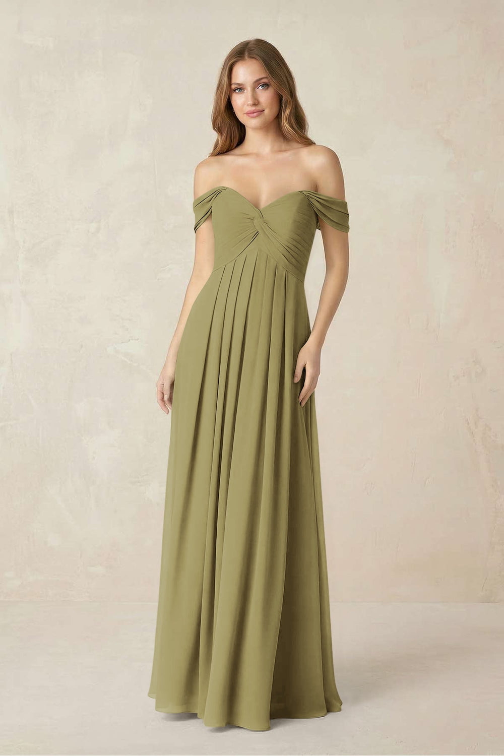 Off-the-Shoulder A-Line Chiffon Pleated Bridesmaid Dress in Moss Green