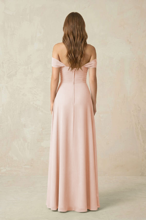 Off - the - Shoulder A - Line Chiffon Pleated Bridesmaid Dress in Pale Blush - KISS BRIDAL Bridesmaid Dresses