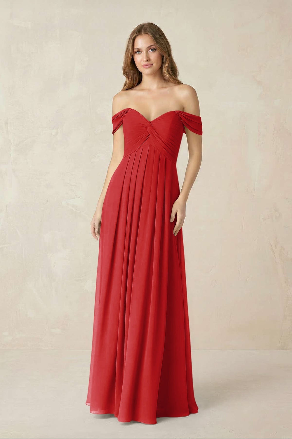 Off-the-Shoulder A-Line Chiffon Pleated Bridesmaid Dress in Ruby Red