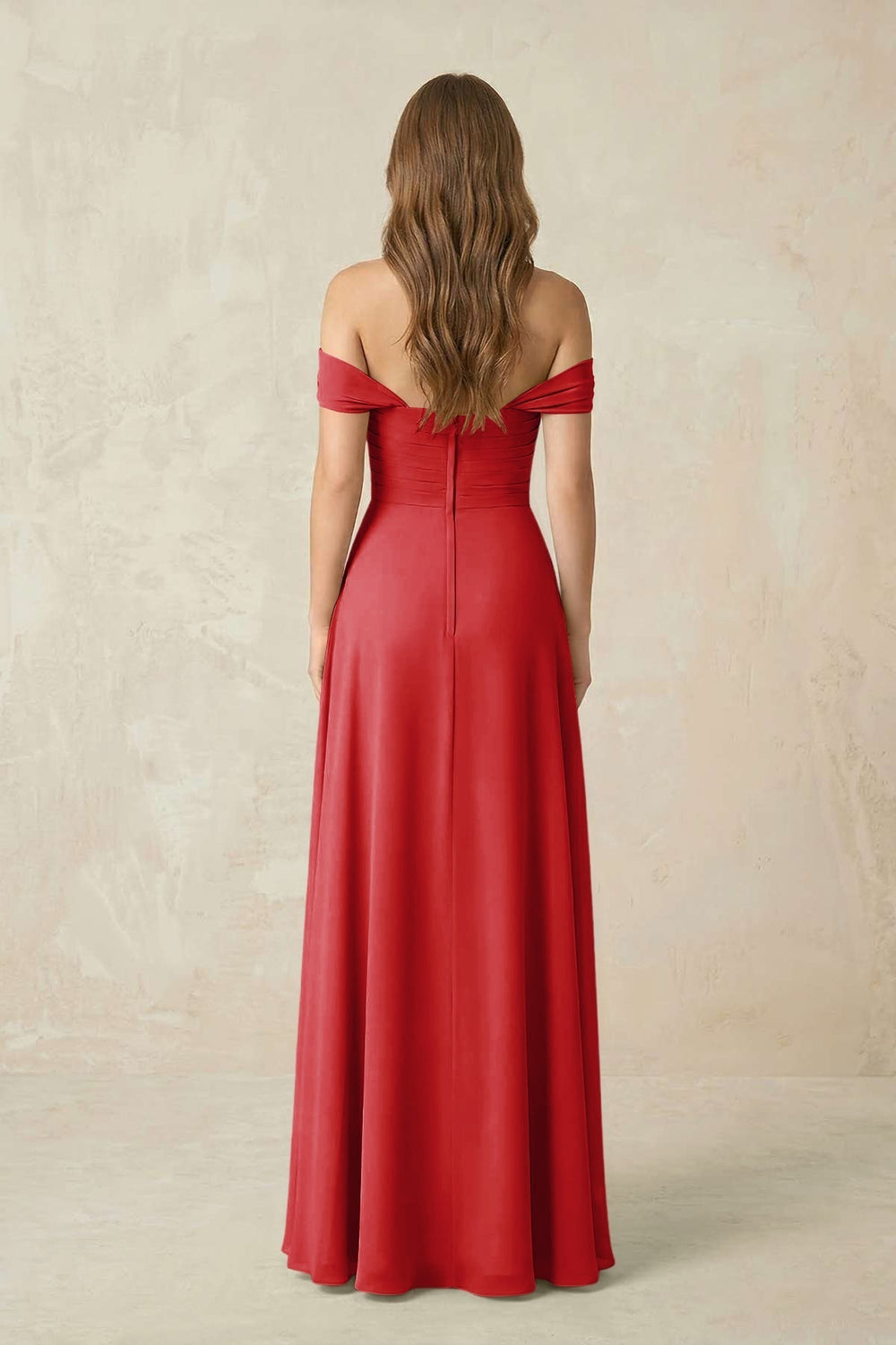 Off-the-Shoulder A-Line Chiffon Pleated Bridesmaid Dress in Ruby Red